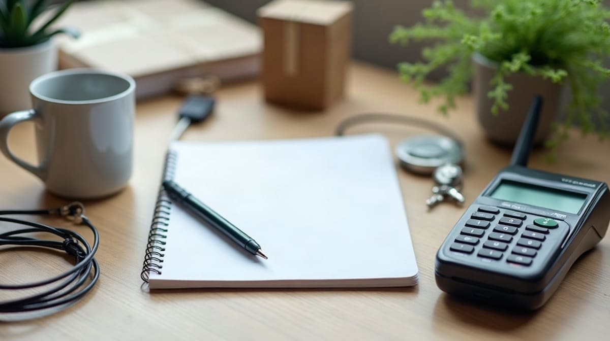 Bureau de petite entreprise avec routeur, câbles, carnet fermé, colis et clé USB