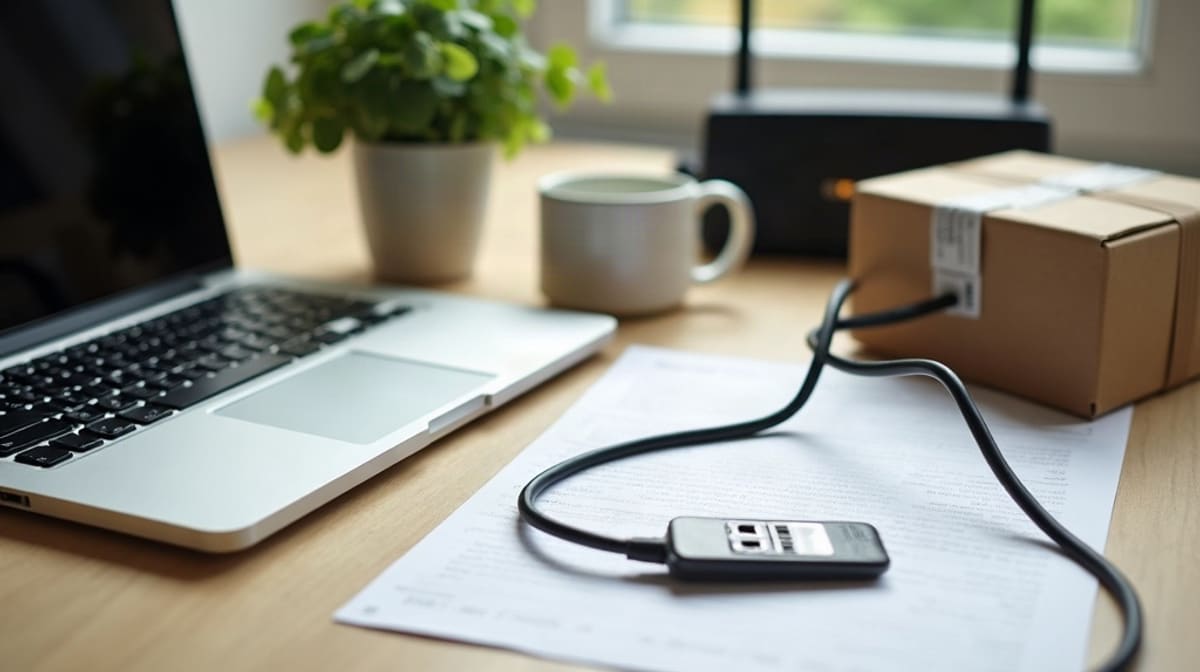 Bureau de petite entreprise avec routeur, colis en carton, terminal de paiement éteint et clé USB