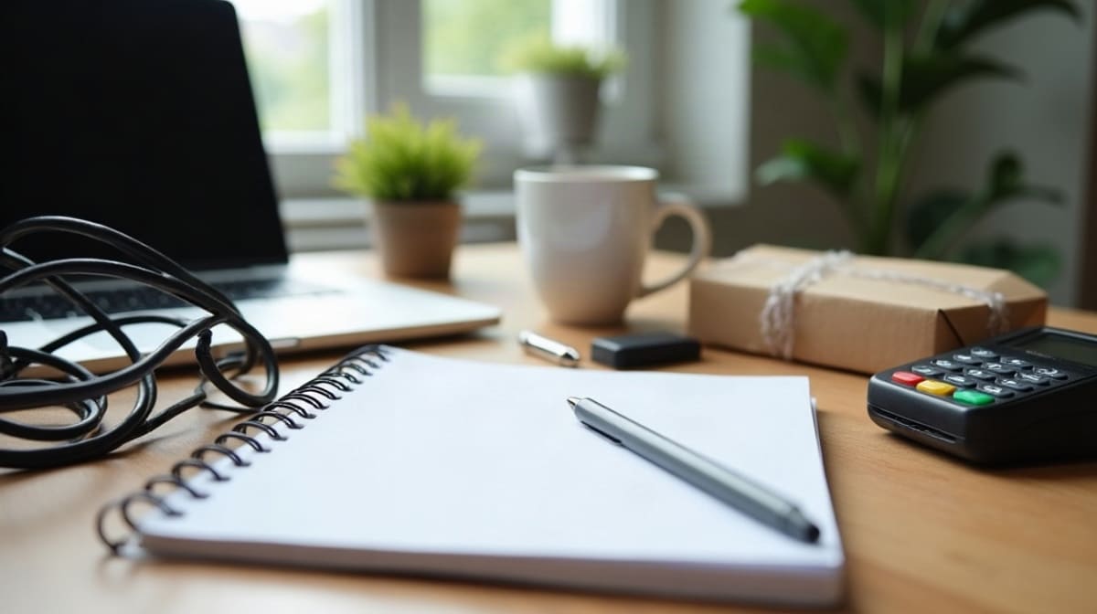 Bureau de petite entreprise avec carnet fermé, routeur, tasse, plante et colis en carton